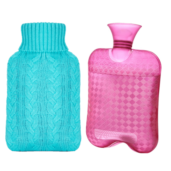 Hot water bottle with knit cover natural remedy muscle ligament pain relief